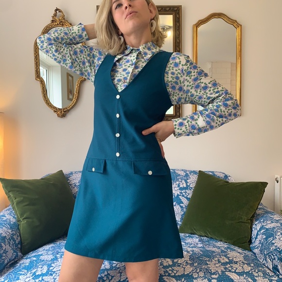 ๐ฌ๐ง Vintage 60s 70s Pinafore Mini Dress Teal Blue Green Mod Gogo Girl Twiggy 6 - Picture 7 of 11